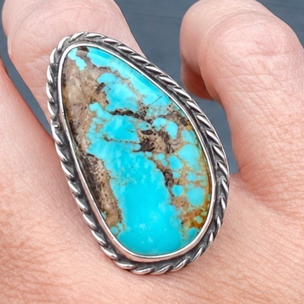 Vintage Navajo Spiderweb Turquoise Ring Sterling Silver Sz 5.75 BIG Statement